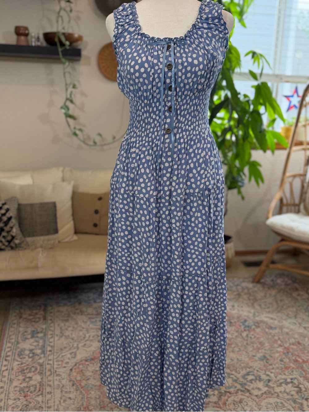Blue White Polka Dot Boho MILKMAID Dress Peasant Sundress Smocked Maxi Dress S - Picture 5 of 10